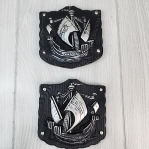 Vtg 2 Miller Studio Pirate Sailing Ships Wall Hanging Plaque Chalkware Nautical